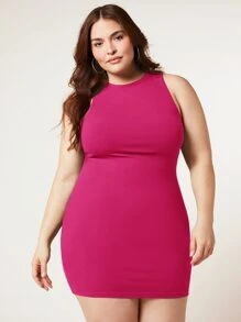 SHEIN BASICS Vestido De Cuerpo Sólido Bodycon Plus - Rosa Fucsia - Ver 5