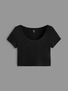 SHEIN BASICS Camiseta Recortada De Punto Acanalado Con Cuello Alto - Negro - Ver 5