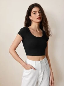 SHEIN BASICS Camiseta Recortada De Punto Acanalado Con Cuello Alto - Negro - Ver 6