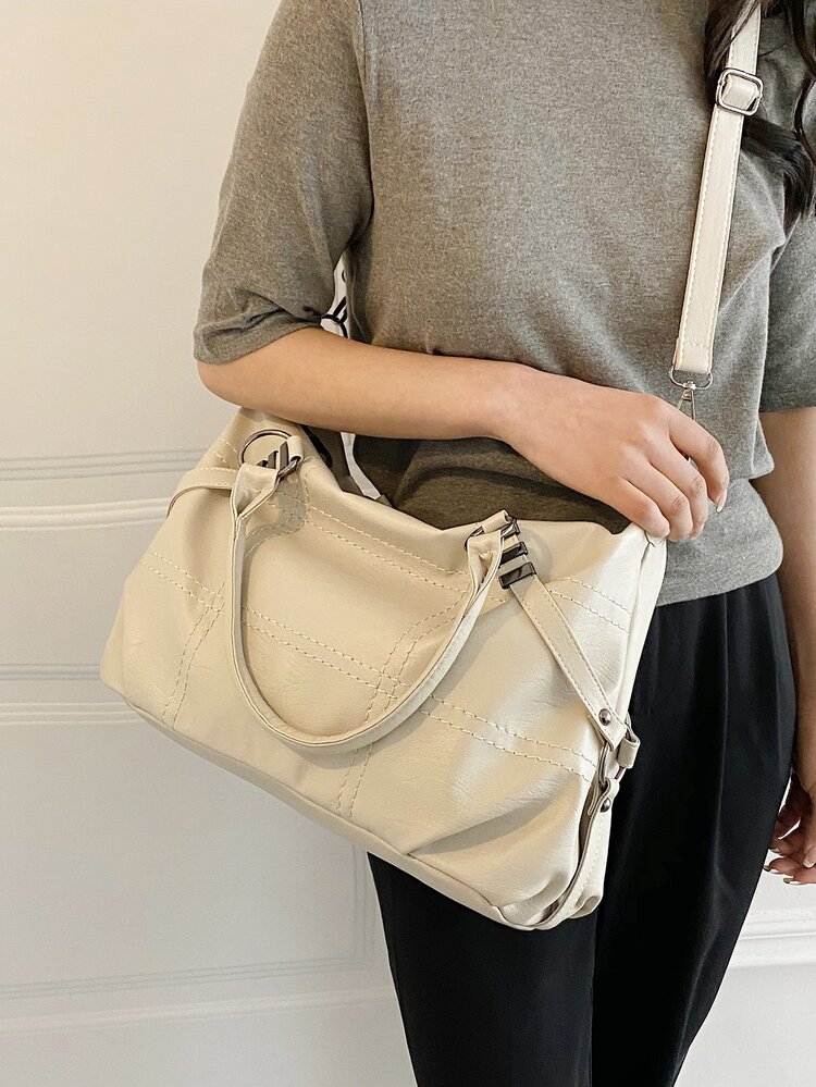 Bolsa Para Mulheres Bolsa De Ombro Crossbody De Couro De Bezerro Macio Casual Bolsa De Boliche Preta - Bege - Visão 3