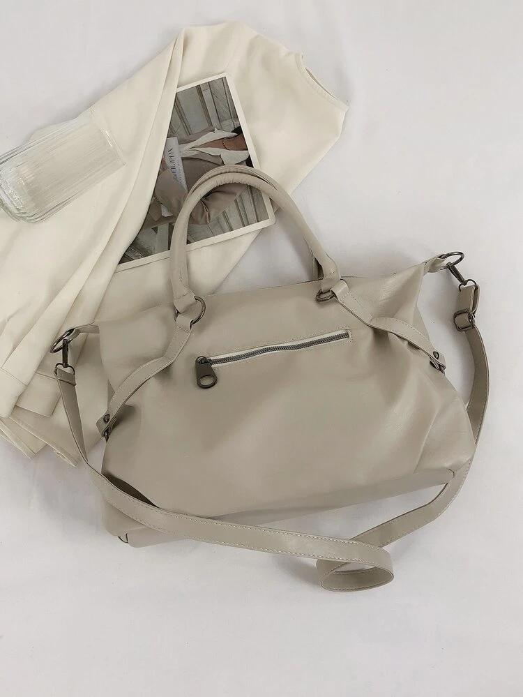 Bolsa Para Mulheres Bolsa De Ombro Crossbody De Couro De Bezerro Macio Casual Bolsa De Boliche Preta - Bege - Visão 5