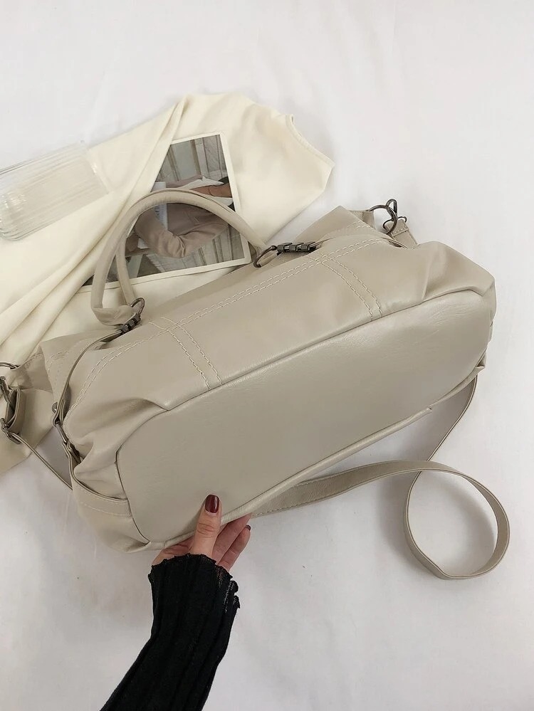 Bolsa Para Mulheres Bolsa De Ombro Crossbody De Couro De Bezerro Macio Casual Bolsa De Boliche Preta - Bege - Visão 6