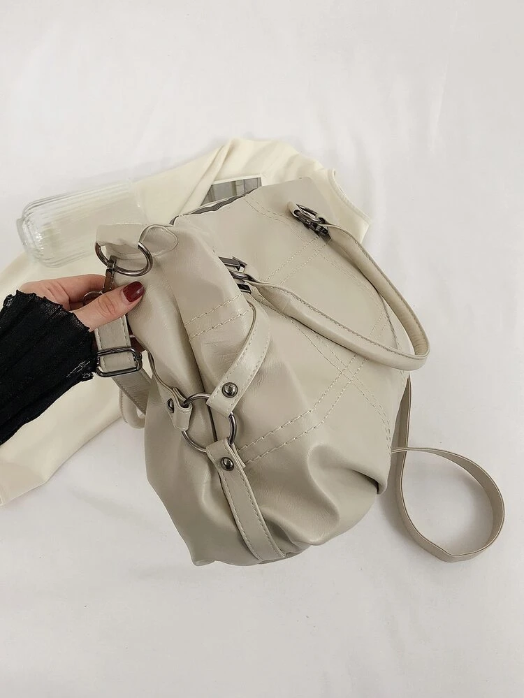 Bolsa Para Mulheres Bolsa De Ombro Crossbody De Couro De Bezerro Macio Casual Bolsa De Boliche Preta - Bege - Visão 7
