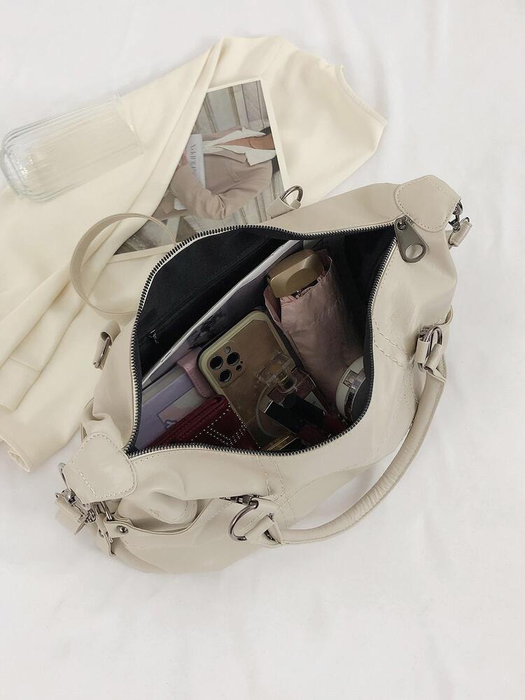 Bolsa Para Mulheres Bolsa De Ombro Crossbody De Couro De Bezerro Macio Casual Bolsa De Boliche Preta - Bege - Visão 8