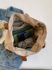 Colorblock Letter Patch Decor Shopper Bag - Khaki - View 4