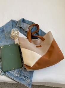 Colorblock Letter Patch Decor Shopper Bag - Khaki - View 5