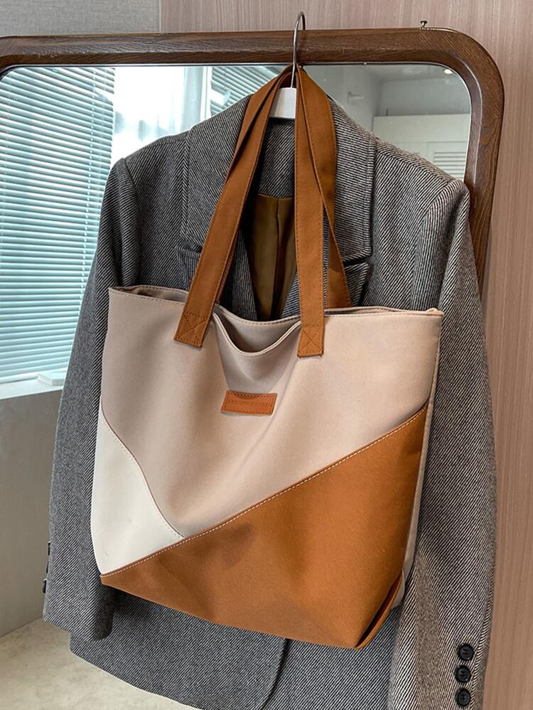 Colorblock Letter Patch Decor Shopper Bag