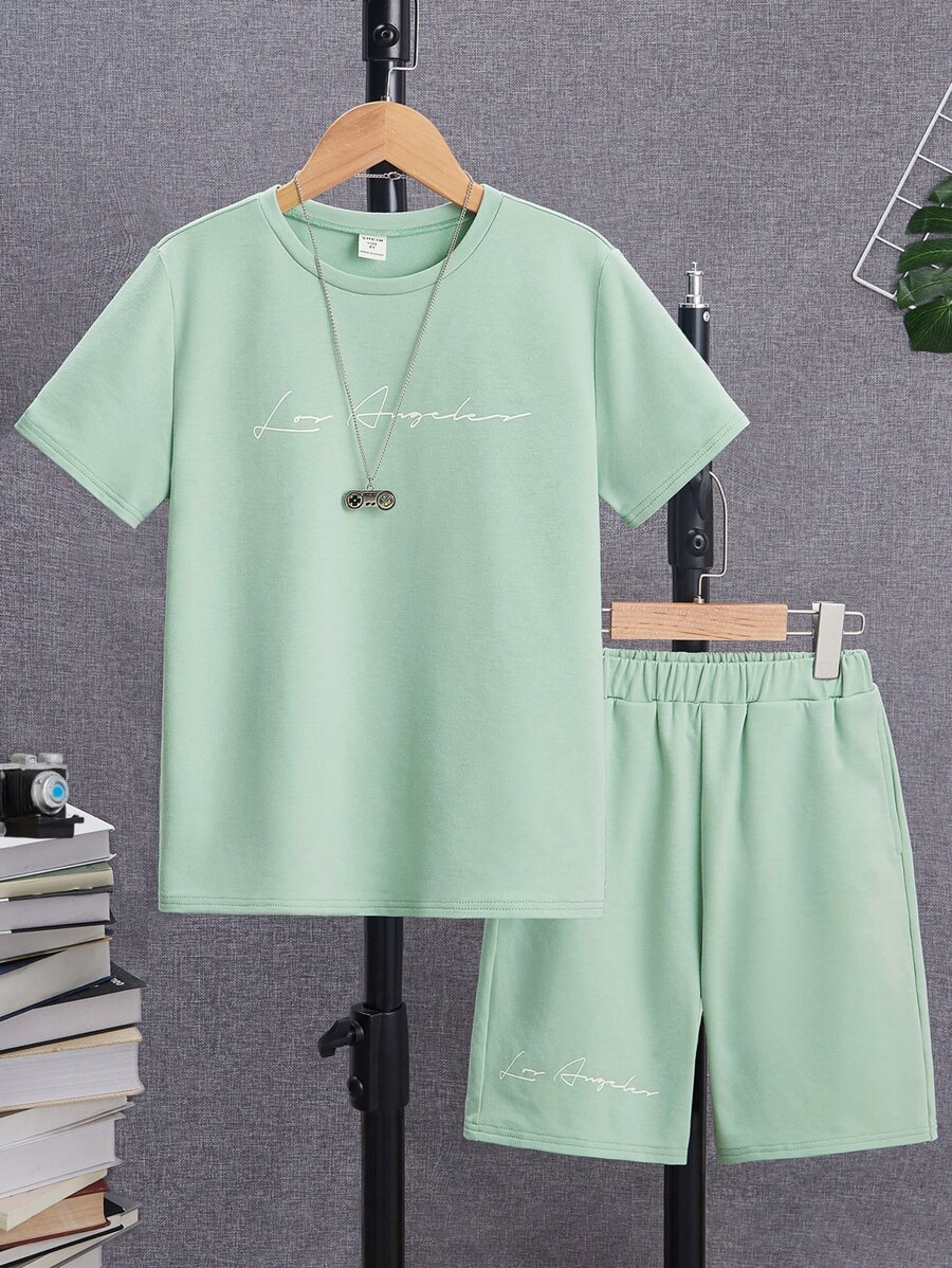 SHEIN Leap Crew Tween Boy Letter Graphic Tee & Shorts - Mint Green - View 1