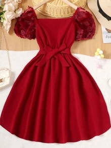 Tween Girl Appliques Contrast Mesh Puff Sleeve Belted Dress - Burgundy - View 1