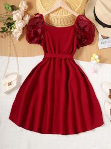 Tween Girl Appliques Contrast Mesh Puff Sleeve Belted Dress - Burgundy - View 2