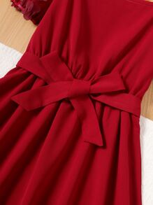 Tween Girl Appliques Contrast Mesh Puff Sleeve Belted Dress - Burgundy - View 3
