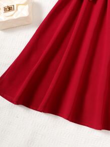 Tween Girl Appliques Contrast Mesh Puff Sleeve Belted Dress - Burgundy - View 4