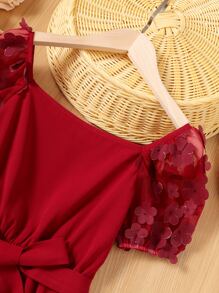 Tween Girl Appliques Contrast Mesh Puff Sleeve Belted Dress - Burgundy - View 5