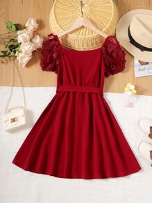 Tween Girl Appliques Contrast Mesh Puff Sleeve Belted Dress - Burgundy - View 6