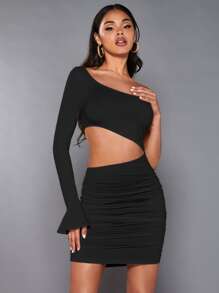 SHEIN BAE One Shoulder Cut Out Waist Flounce Sleeve Ruched Side Bodycon Dress - Black - View 1