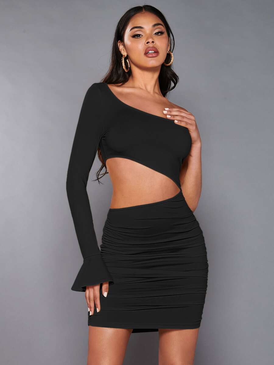 SHEIN BAE One Shoulder Cut Out Waist Flounce Sleeve Ruched Side Bodycon Dress - Black - View 1
