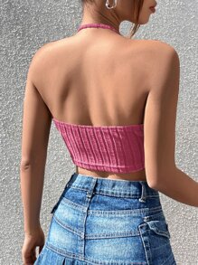 SHEIN EZwear Áo khoác và áo lót dành cho xe tăng nữ Lộ Lưng Gân đan màu trơn Gợi cảm - Màu Hồng Tươi - Xem 2