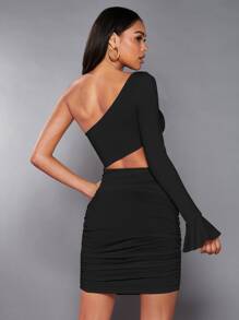 SHEIN BAE One Shoulder Cut Out Waist Flounce Sleeve Ruched Side Bodycon Dress - Black - View 2