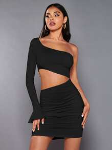 SHEIN BAE One Shoulder Cut Out Waist Flounce Sleeve Ruched Side Bodycon Dress - Black - View 3