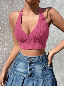 SHEIN EZwear Áo khoác và áo lót dành cho xe tăng nữ Lộ Lưng Gân đan màu trơn Gợi cảm - Màu Hồng Tươi - Xem 4