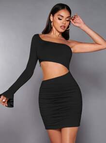 SHEIN BAE One Shoulder Cut Out Waist Flounce Sleeve Ruched Side Bodycon Dress - Black - View 5