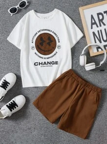 SHEIN Bộ hai mảnh Trai Túi Hoạt hình Slogan Giải trí - Cà phê nâu - Xem 1