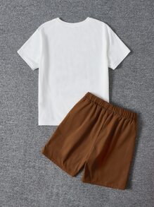 SHEIN Bộ hai mảnh Trai Túi Hoạt hình Slogan Giải trí - Cà phê nâu - Xem 2