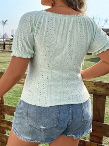 Calvaya Áo thun Plus size viền lá sen Thắt nơ trước Tranh thêu màu trơn Giải trí - màu xanh lá - Xem 3