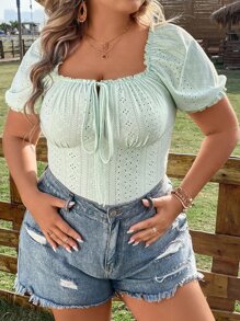 Calvaya Áo thun Plus size viền lá sen Thắt nơ trước Tranh thêu màu trơn Giải trí - màu xanh lá - Xem 4