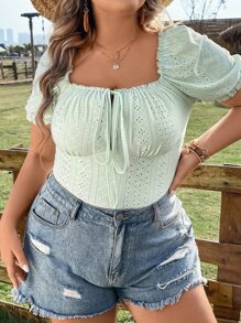 Calvaya Áo thun Plus size viền lá sen Thắt nơ trước Tranh thêu màu trơn Giải trí - màu xanh lá - Xem 5