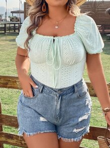 Calvaya Áo thun Plus size viền lá sen Thắt nơ trước Tranh thêu màu trơn Giải trí - màu xanh lá - Xem 7