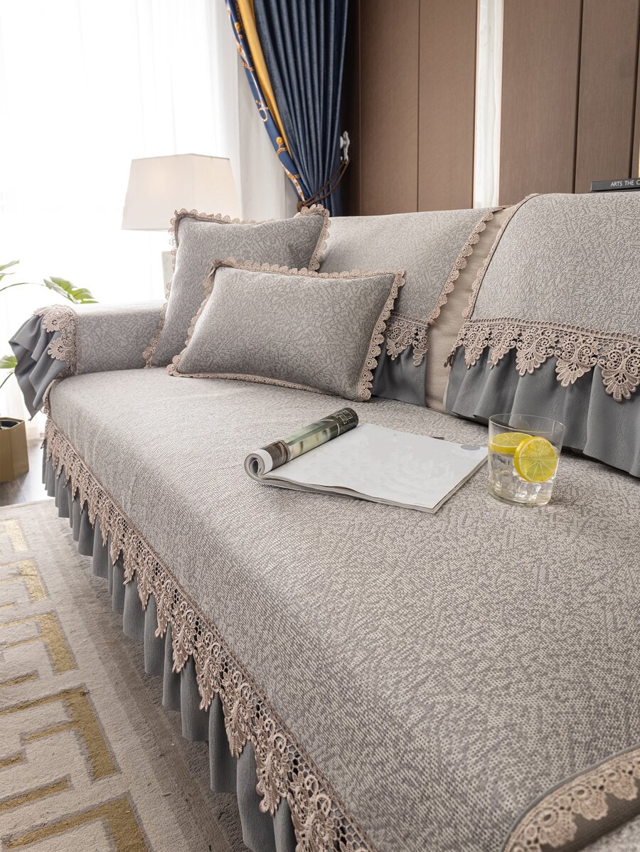 1 件歐式蕾絲邊透氣絲綢沙發墊 - 灰色 - 查看 1
