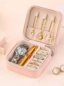 1 joyero portátil para guardar joyas, joyero cuadrado rosa minimalista para viajes - Rosa - Ver 3