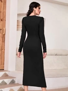 Modelyn 素色前扭結圍裹連衣裙 - 黑色 - 查看 2