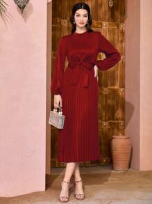 Mulvari 燈籠袖百褶下擺繫腰帶連衣裙 - 酒紅色 - 查看 1