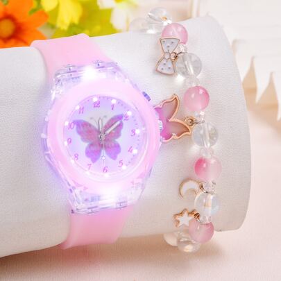 1pc Girls Butterfly Pattern Silicone Strap Cute Luminous Round Dial Quartz Watch & 1pc Beaded Bracelet, For Daily Life