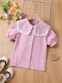 小女童花卉刺繡泡泡袖襯衫 - 粉色 - 查看 1