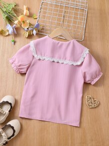 小女童花卉刺繡泡泡袖襯衫 - 粉色 - 查看 2