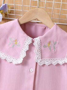 小女童花卉刺繡泡泡袖襯衫 - 粉色 - 查看 3