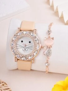 1pc Girls Cat Pattern PU Polyurethane Strap Glamorous Rhinestone Decor Round Dial Quartz Watch & 1pc Bracelet, For Daily Life - Camel - View 1