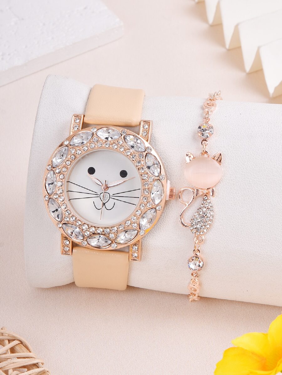 1pc Girls Cat Pattern PU Polyurethane Strap Glamorous Rhinestone Decor Round Dial Quartz Watch & 1pc Bracelet, For Daily Life - Camel - View 1