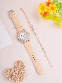1pc Girls Cat Pattern PU Polyurethane Strap Glamorous Rhinestone Decor Round Dial Quartz Watch & 1pc Bracelet, For Daily Life - Camel - View 2