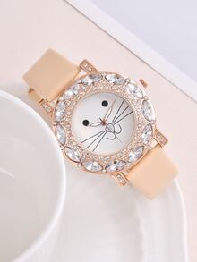 1pc Girls Cat Pattern PU Polyurethane Strap Glamorous Rhinestone Decor Round Dial Quartz Watch & 1pc Bracelet, For Daily Life - Camel - View 3