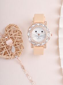 1pc Girls Cat Pattern PU Polyurethane Strap Glamorous Rhinestone Decor Round Dial Quartz Watch & 1pc Bracelet, For Daily Life - Camel - View 4