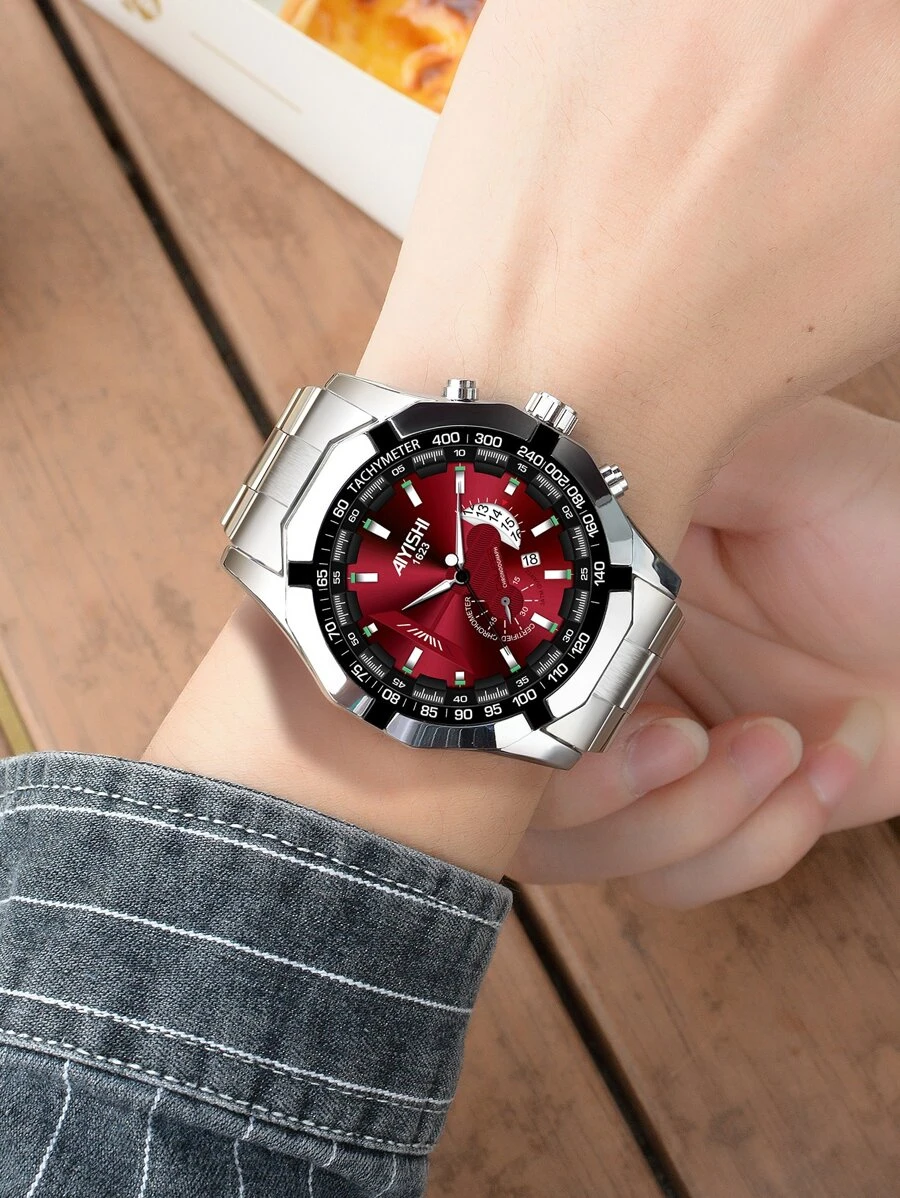 AIYISHI 1入組男士銀色鋅合金錶帶商務日期防水圓形錶盤石英手錶適合日常裝飾 - 酒紅色 - 查看 1