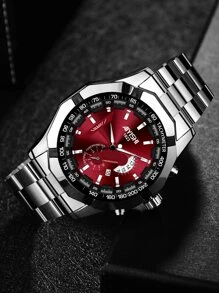 AIYISHI 1入組男士銀色鋅合金錶帶商務日期防水圓形錶盤石英手錶適合日常裝飾 - 酒紅色 - 查看 2