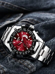 AIYISHI 1入組男士銀色鋅合金錶帶商務日期防水圓形錶盤石英手錶適合日常裝飾 - 酒紅色 - 查看 4