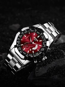 AIYISHI 1入組男士銀色鋅合金錶帶商務日期防水圓形錶盤石英手錶適合日常裝飾 - 酒紅色 - 查看 5