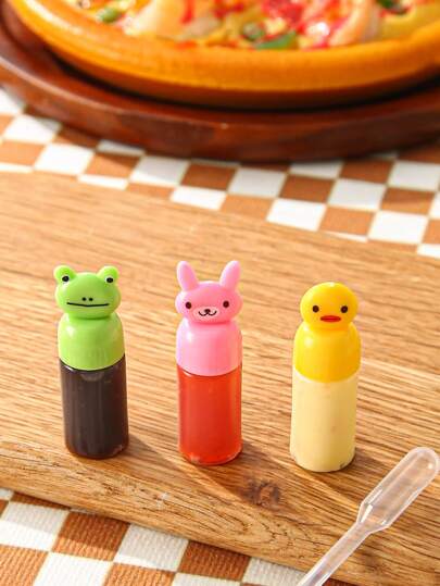 3入組便攜式PP迷你擠壓醬汁瓶可愛青蛙和鴨子設計廚房擠壓瓶