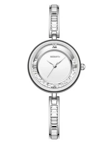 REBIRTH Đồng hồ thạch anh con trỏ tròn trang trí bằng đá rhinestone - Bạc - Xem 4